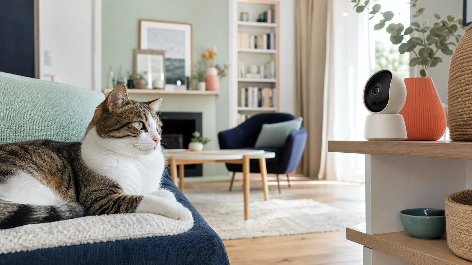 Chat au repos dans un salon avec une caméra intérieure générique visible sur une étagère