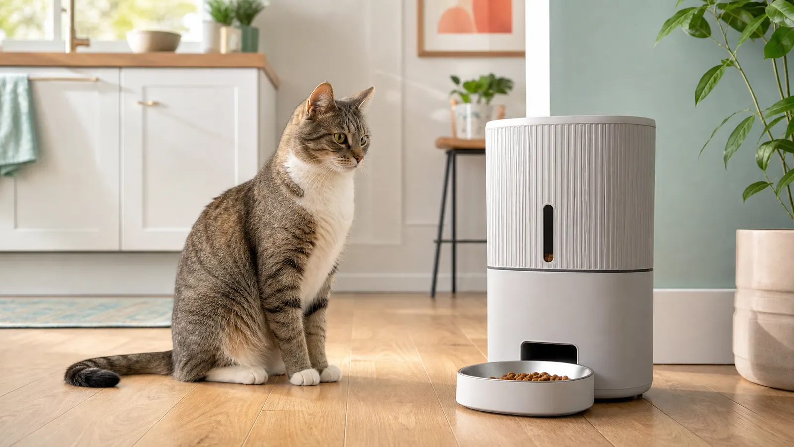 Chat assis près d'un distributeur automatique de croquettes générique dans une cuisine