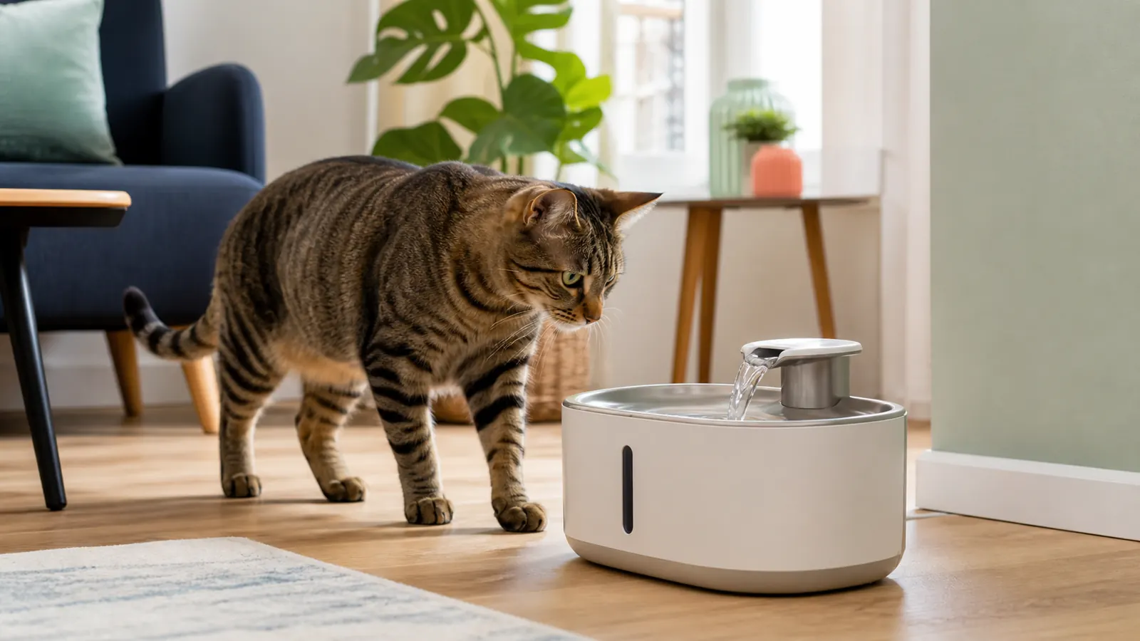 Chat tigré observant une fontaine à eau générique dans un appartement lumineux