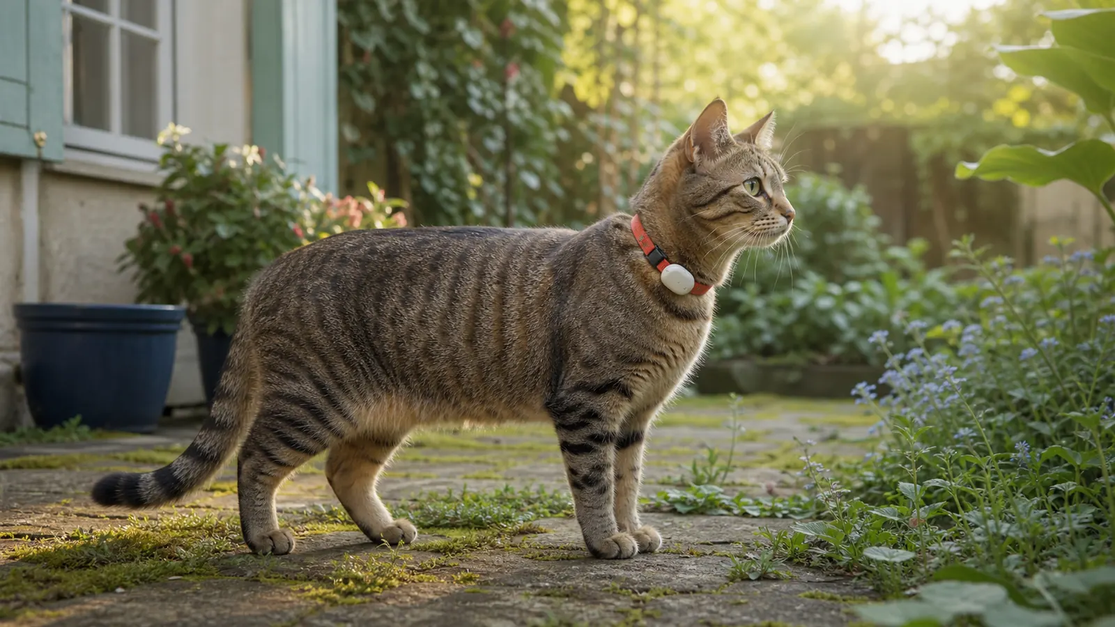 Chat tigré dans un jardin clos portant un traceur générique sur un collier de sécurité
