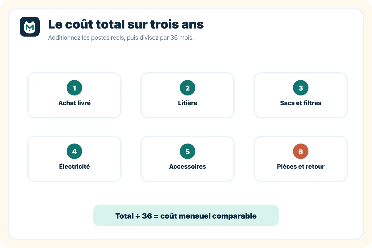 Schéma des six postes à additionner pour calculer le coût total d'une litière automatique
