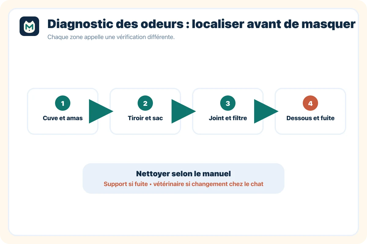 Schéma de diagnostic des principales sources d'odeur d'une litière automatique