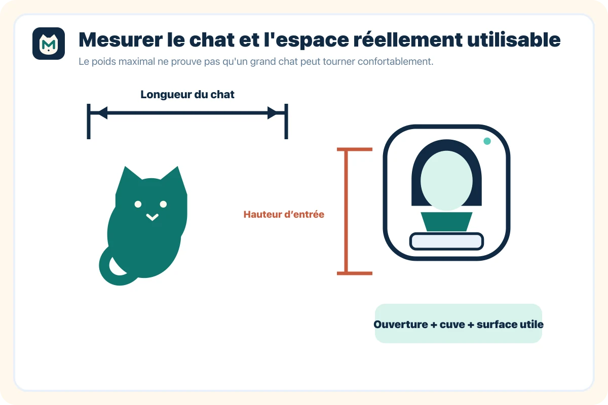 Schéma des mesures du chat et de l'espace utile d'une litière automatique