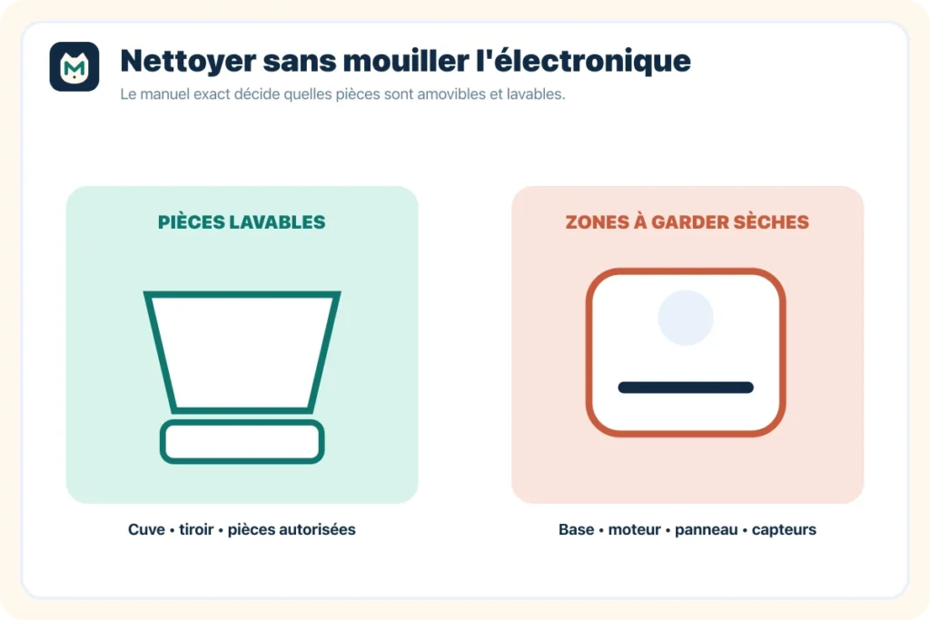 Schéma séparant les pièces lavables des zones électroniques à garder sèches