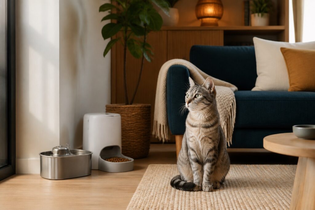 Chat d’intérieur dans un salon moderne près d’une fontaine à eau et d’un distributeur de croquettes